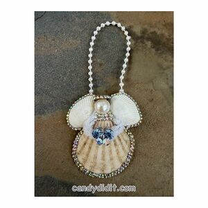 New Handmade Shell Baby Angel With Crystals & Blue Butterfly Ornament